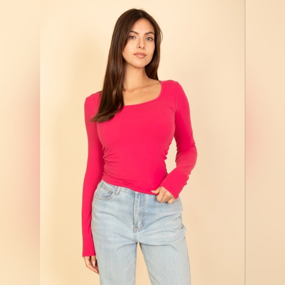 Nikibiki Tops - Nikibiki Hot Pink Fuchsia Long Sleeve Fitted Top with Built In Bra Boutique